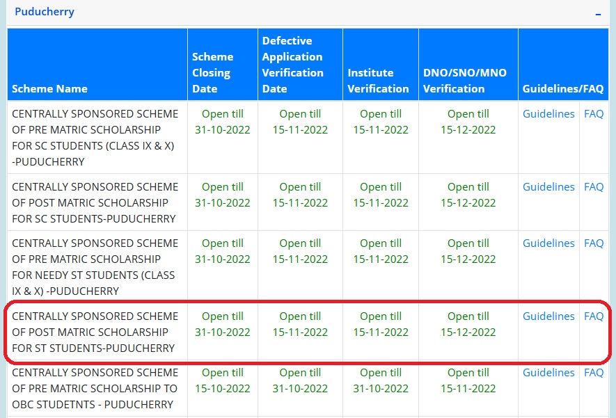 NSP Post Matric Scholarship For Class ST Students Puducherry 2022 23 